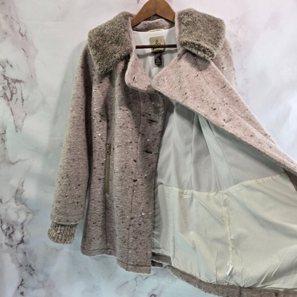 Prana Coat Womens Medium Purple Wool Speckle Fleck Faux Fur Lisina Pea Jacket - Picture 5 of 10